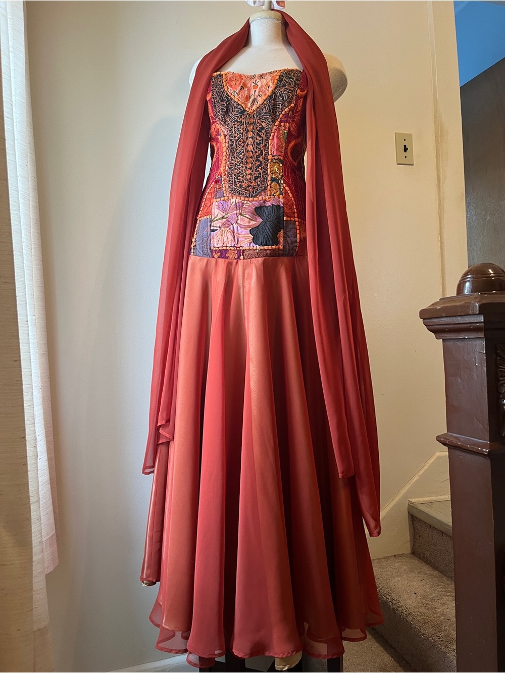 Women's Rust Red Embroidered drop Bodice Evening Dress